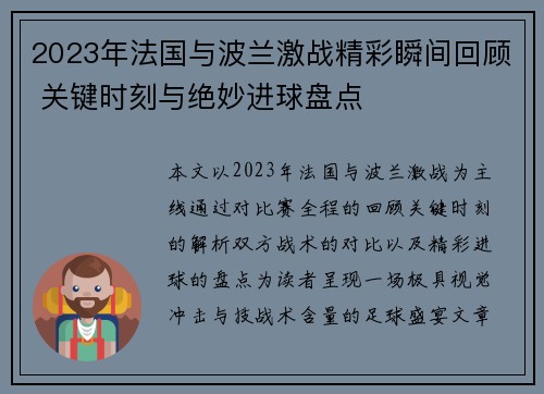 2023年法国与波兰激战精彩瞬间回顾 关键时刻与绝妙进球盘点