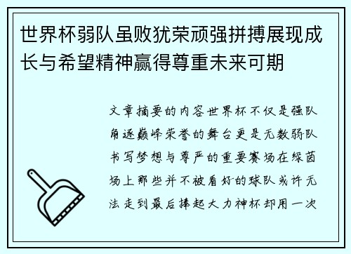 世界杯弱队虽败犹荣顽强拼搏展现成长与希望精神赢得尊重未来可期