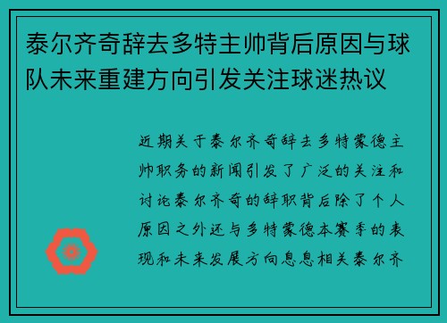 泰尔齐奇辞去多特主帅背后原因与球队未来重建方向引发关注球迷热议 泰尔齐奇辞去多特主帅背后原因与球队未来重建方向引发关注球迷热议